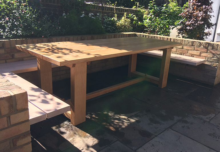 oak garden dining table with fixed benches